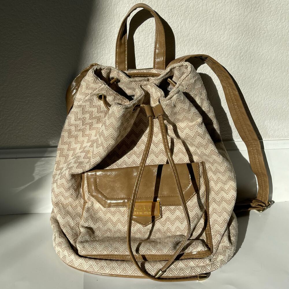 Nicole Miller New York Brown Two-Tone Chevron Drawstring Backpack Knapsack